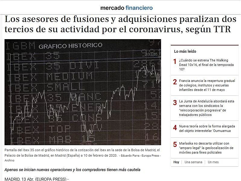 Los asesores de fusiones y adquisiciones paralizan dos tercios de su actividad por el coronavirus, segn TTR